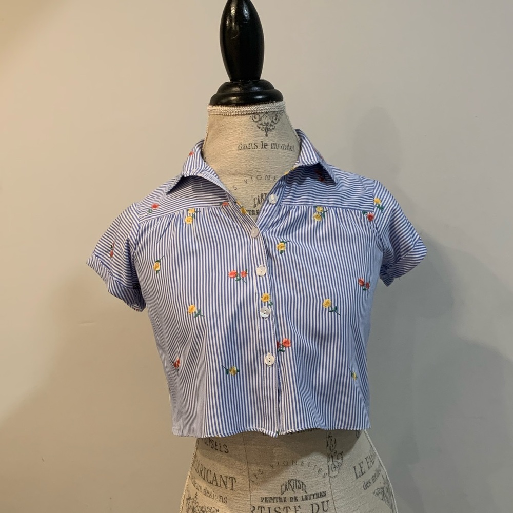cropped blue and white striped button shirt